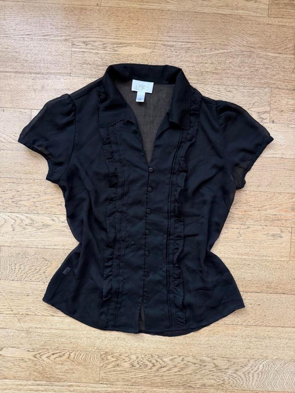 Ann Taylor LOFT Black Ruffle Button-Front Short Sleeve Blouse